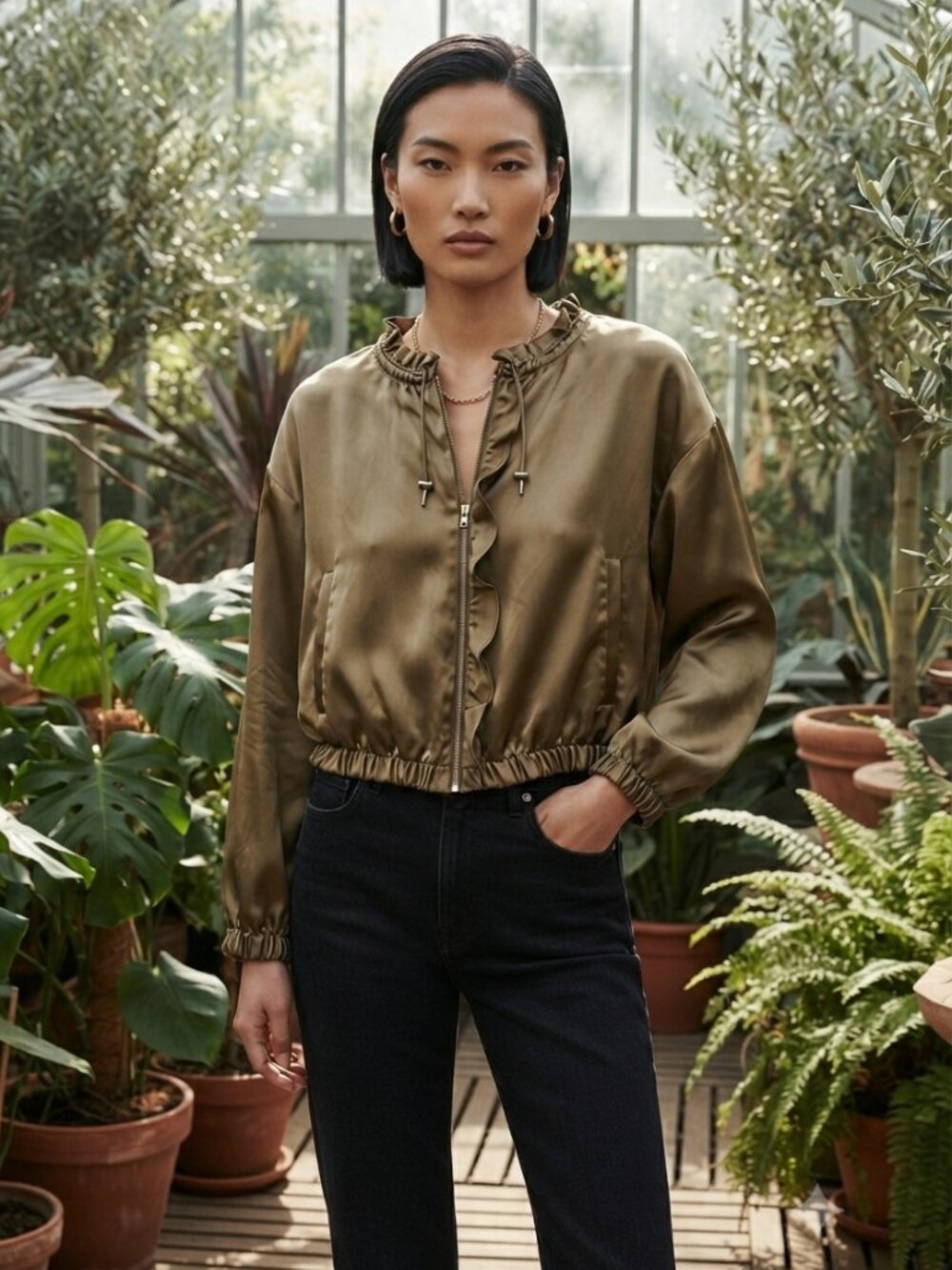 NWT Zara Satin Cropped Bomber Jacket Sz L Bronze Olive Ruffle MSRP $69.90